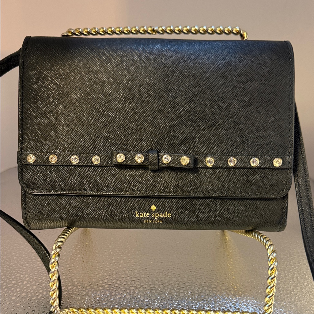 Kate Spade Black Saffiano Leather Shoulder Bag With Crystal Bow Accent